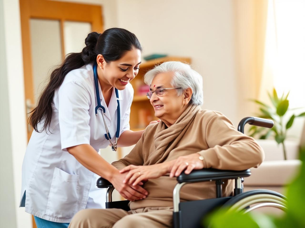 Caregiver helping an elderly person in a wheelchair at home in Ahmedabad